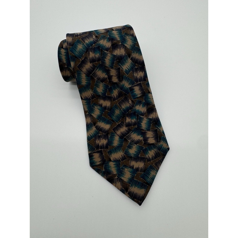 Secours 100% Silk Tie Abstract Geometric Brown Teal Tan Pattern‎ Classic Necktie